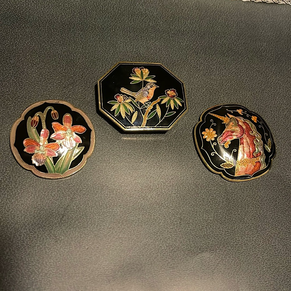 Set of Vintage Black Enamel Cloisonné Belt Buckles